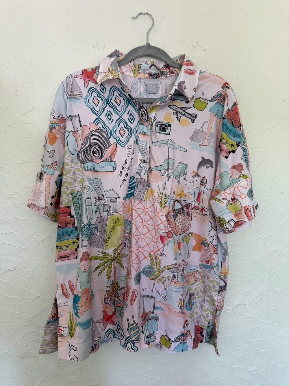 Chico’s Vacation Printed Half Button Shirt Size 2
